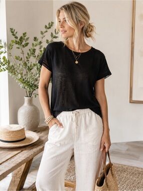 J.Crew 100% Linen Tee Black Short Sleeve Crew Neck Top Size M